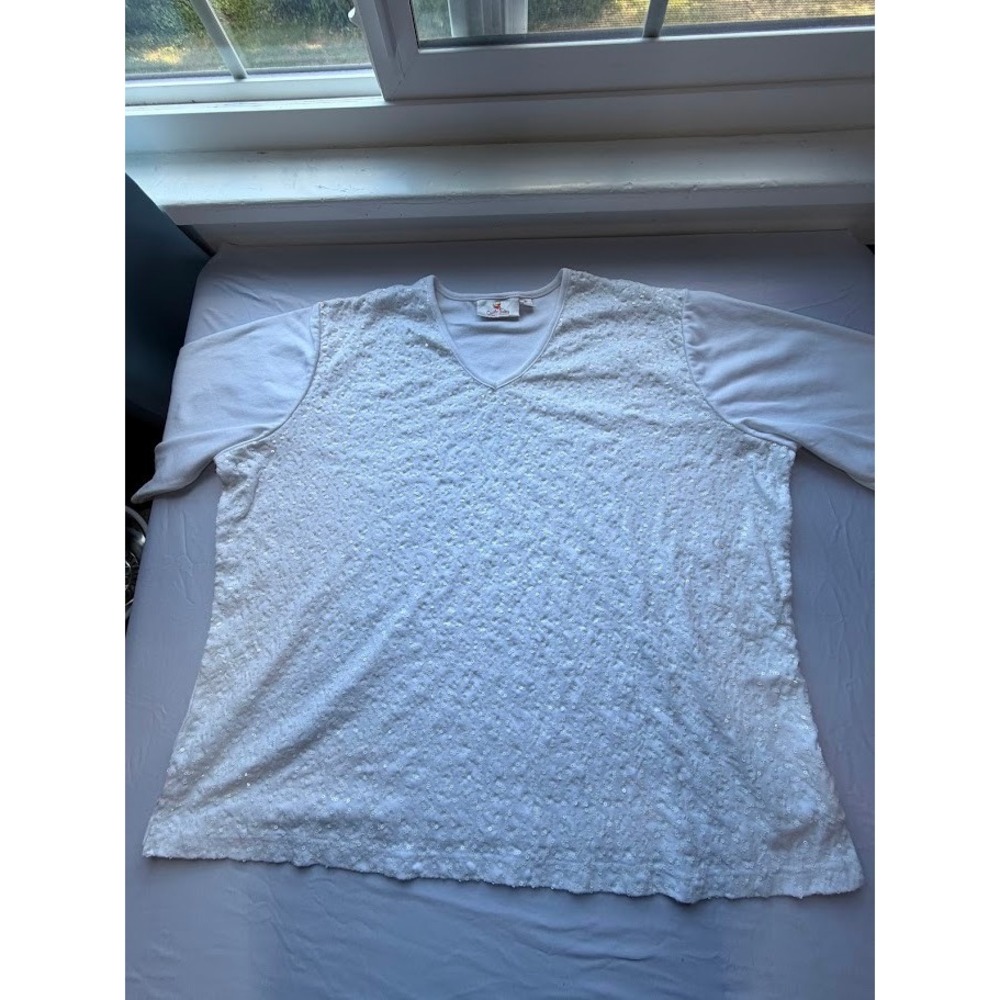 Quacker Factory White Sequin V-Neck Short Sleeve Top Plus Size 2X Womens